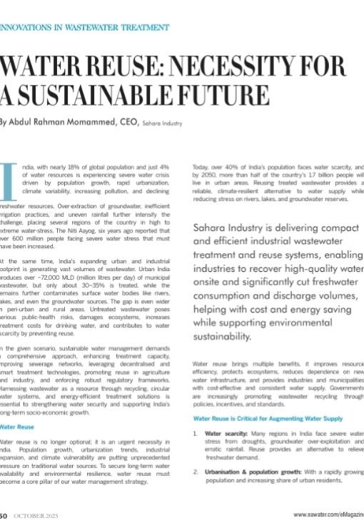 Water Reuse: Necessity for a Sustainable Future