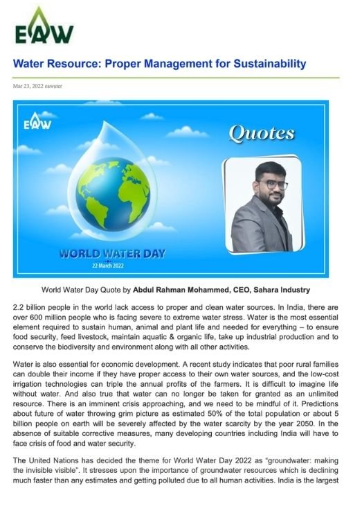 Water Resource: Proper Management For Sustainability