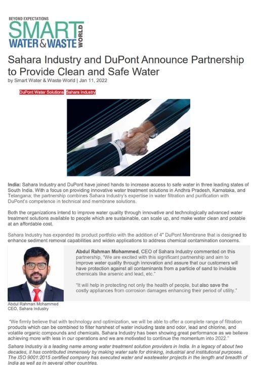 Sahara Industry And DuPont Announce Partnership To Provide Clean And Safe Water